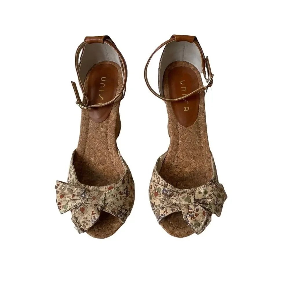 Unisa Wedge Floral Cork Peep Toe Neutral Tan 7 GUC